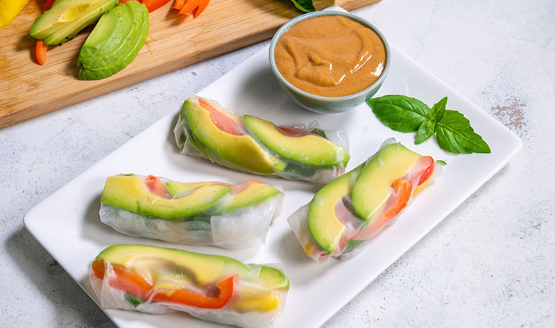 Avocado Mango Summer Rolls with Spicy Peanut Dipping Sauce