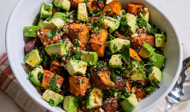 Roasted Sweet Potatoes with Avocado, Almonds, and Herbs
